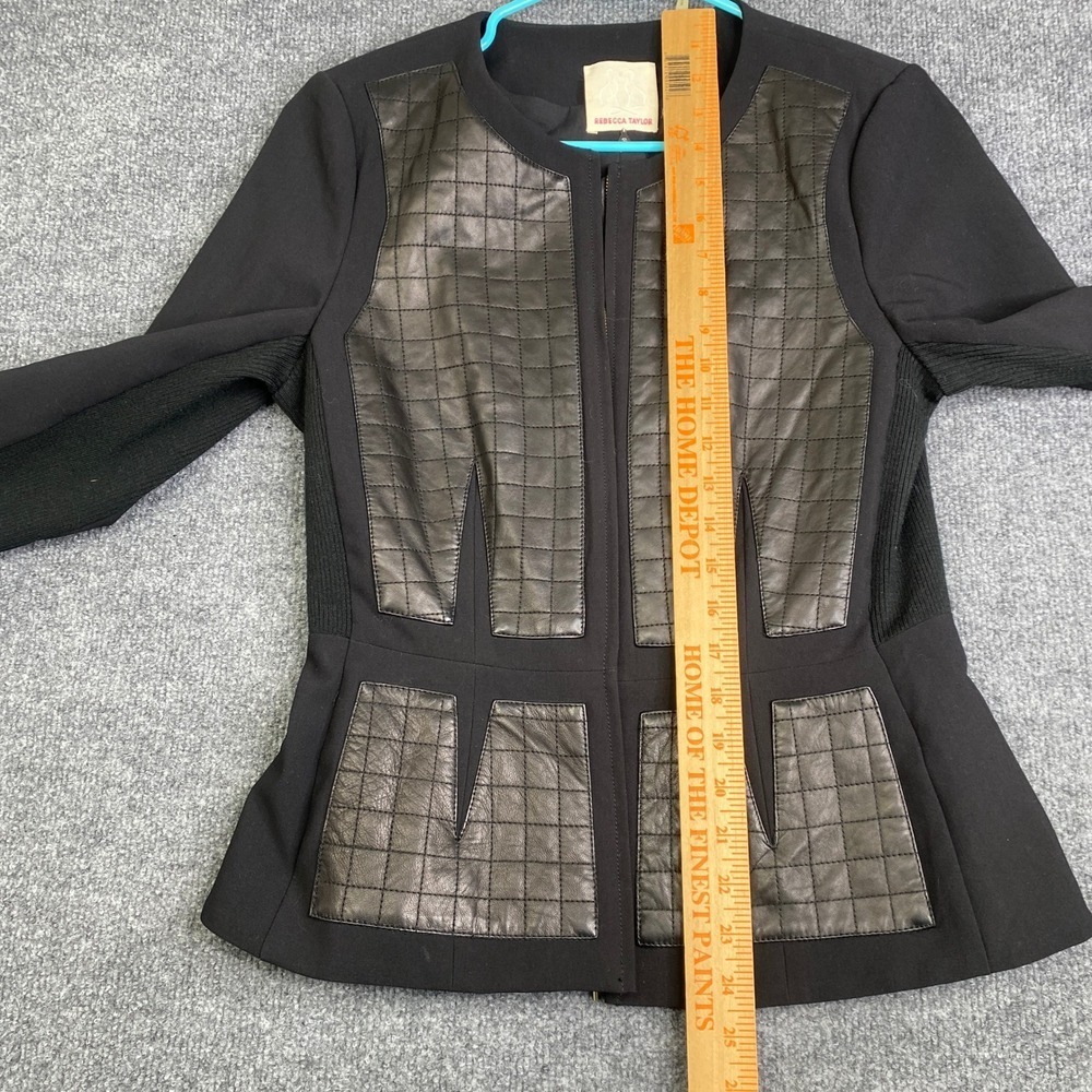 Rebecca Taylor Black Quilted Lamb Leather Mixed Media Peplum Jacket Size 8 - Picture 9 of 11